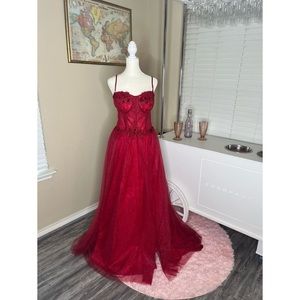 Women’s Red spaghetti strap Glitter tulle prom dress